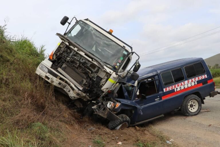 Police vehicle belonging to the Central Highway Patrol unit was severely damaged on Saturday afternoon following a head-on collision with a speeding construction company truck along the Magi Highway
